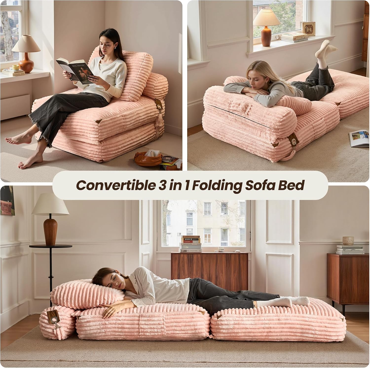 ovios Folding Sofa Bed, Foldable Sleeper Chair Floor Futon, Comfy Portable Convertible Fold Out Lounge Chairs for Living Room Bedroom, Pink