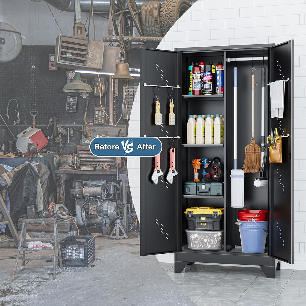 Metal Storage Cabinet, Large Tool Cabinets with Lockable Doors, 71' Kitchen Pantry, Tall Garage Storage with Hanging Rod. Utility Closet for Office, Garage, Laundry Room