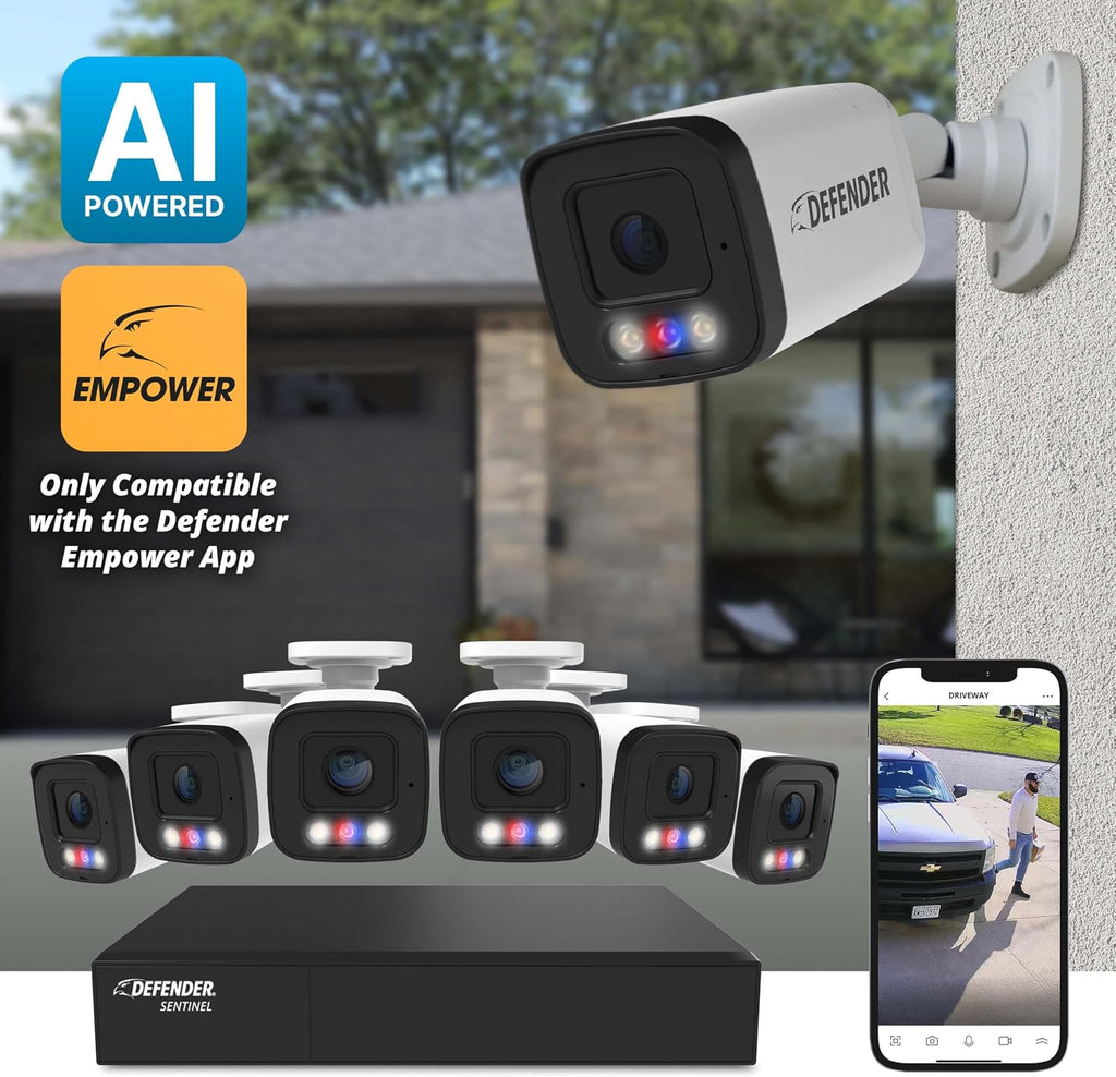 Defender AI Powered Sentinel Pro Turret 8CH NVR PoE Security Camera System, 6pc Metal Turret Cameras, 109° Wide Angle, IP66 Rated, Audio Recording, Web Viewing, 1TB HDD, Works w/Empower App