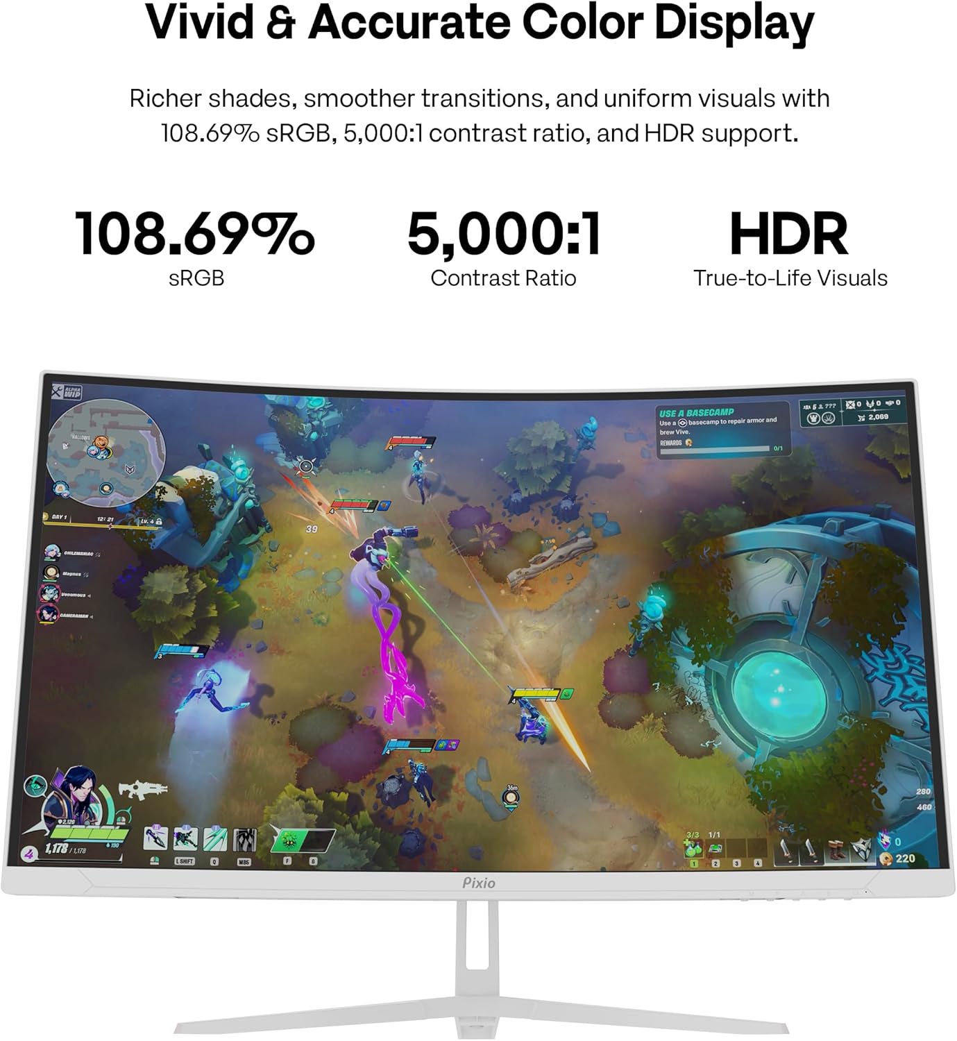 Pixio PXC278WAVE White 27 inch 180Hz Refresh Rate QHD 1440p Resolution 1650R Curve Fast VA Panel 1ms GTG Response Time HDR Curved Gaming Monitor and PS1S Wave White Single Monitor Arm