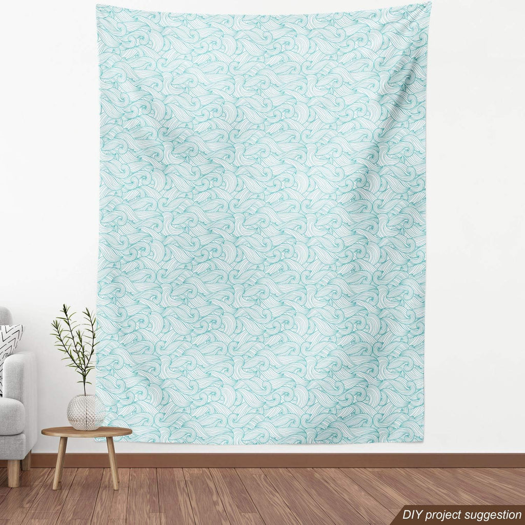 Ambesonne Turquoise Fabric by The Yard, Ocean Themed Waves Abstract Swirls Curlicues Lines Ornamental Vintage Summer, Decorative Fabric for Upholstery and Home Accents, 10 Yards, Teal White