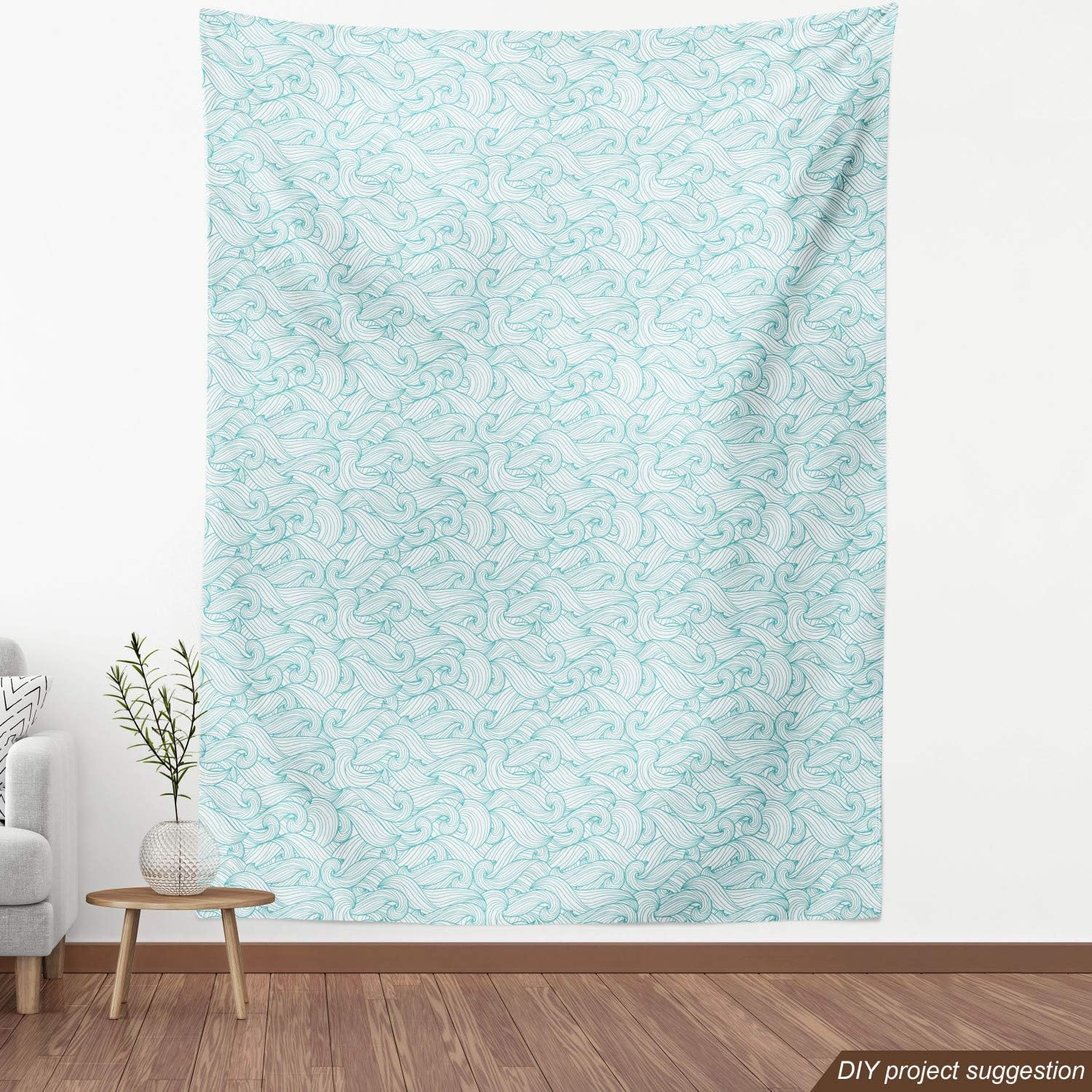 Ambesonne Turquoise Fabric by The Yard, Ocean Themed Waves Abstract Swirls Curlicues Lines Ornamental Vintage Summer, Decorative Fabric for Upholstery and Home Accents, 10 Yards, Teal White