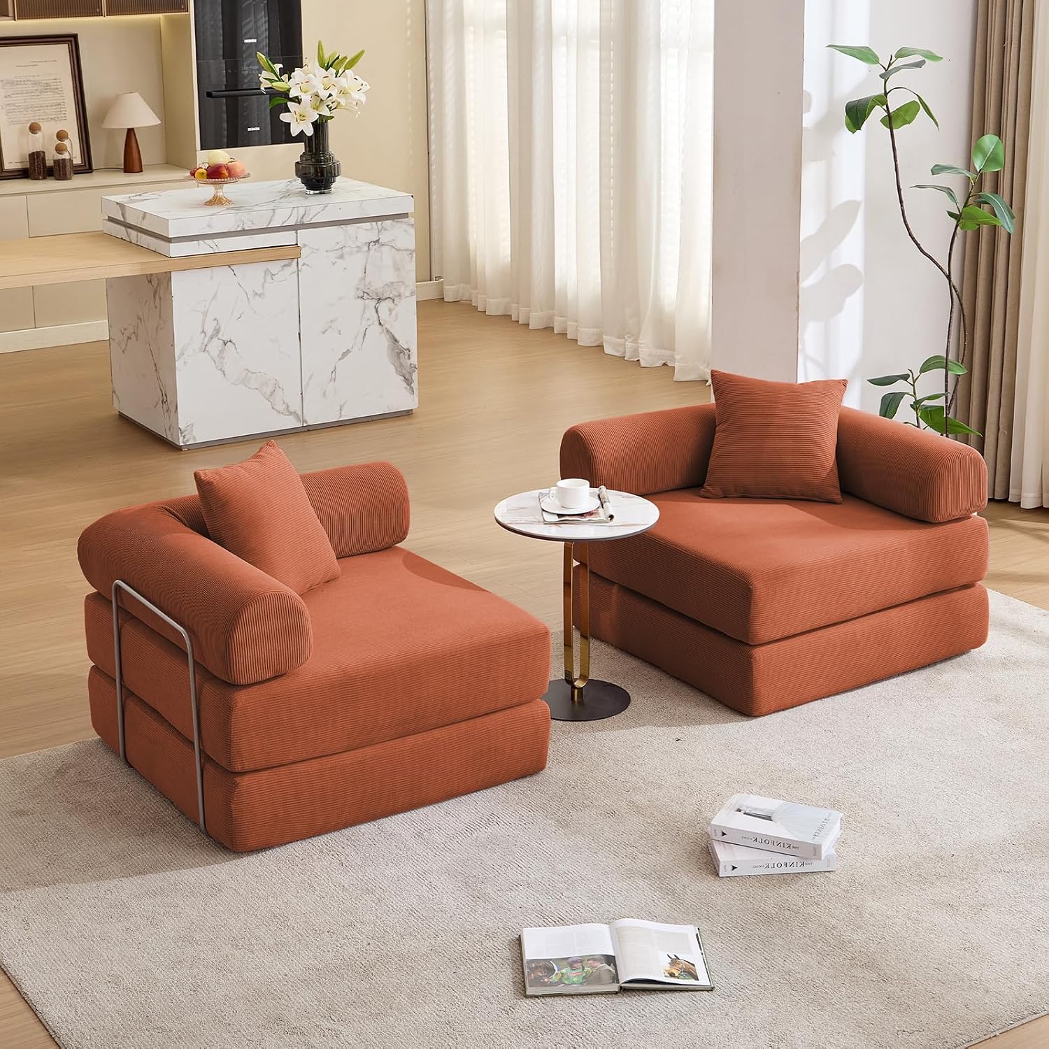 73' Convertible Modular Folding Sofa Bed, 5-in-1 DIY Combination Fold Out Sleeper Sofa Bed, Loveseat sleeper Couch with Removable Armrests, Corduroy Floor Couch, Small couches for small spaces, Orange