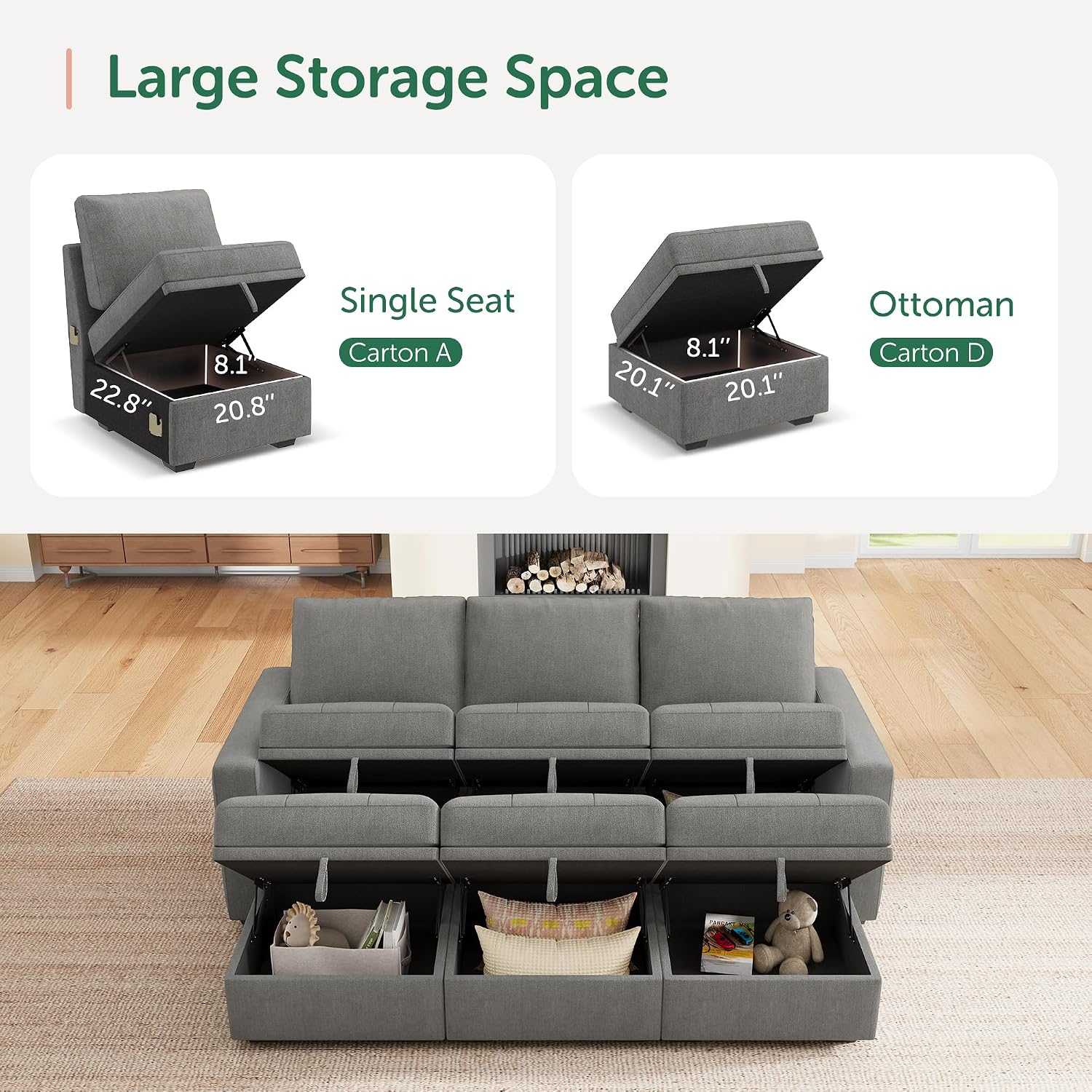 HONBAY Modular Sectional Sleeper Sofa, Sleeper Couch with Storage Seats Oversized Sectional Couches for Living Room,Warm Grey
