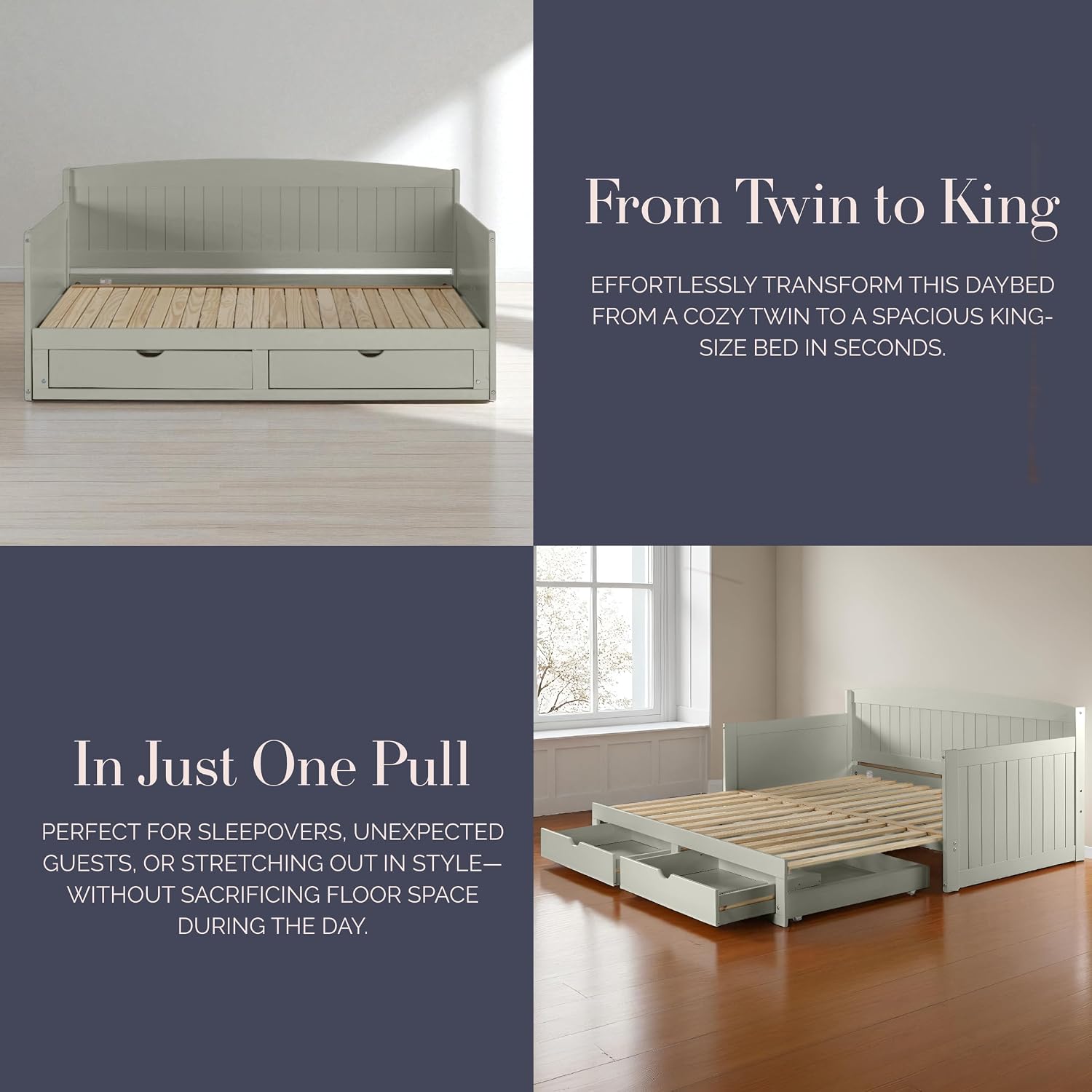 Alaterre Furniture Harmony Twin to King Daybed with Pop Up Trundle Bed - Solid Wood Twin Day Bed with 2 Pull-Out Storage Drawers and 400lb Capacity - For Kids, Guest Room, Living Room (Dove Gray)
