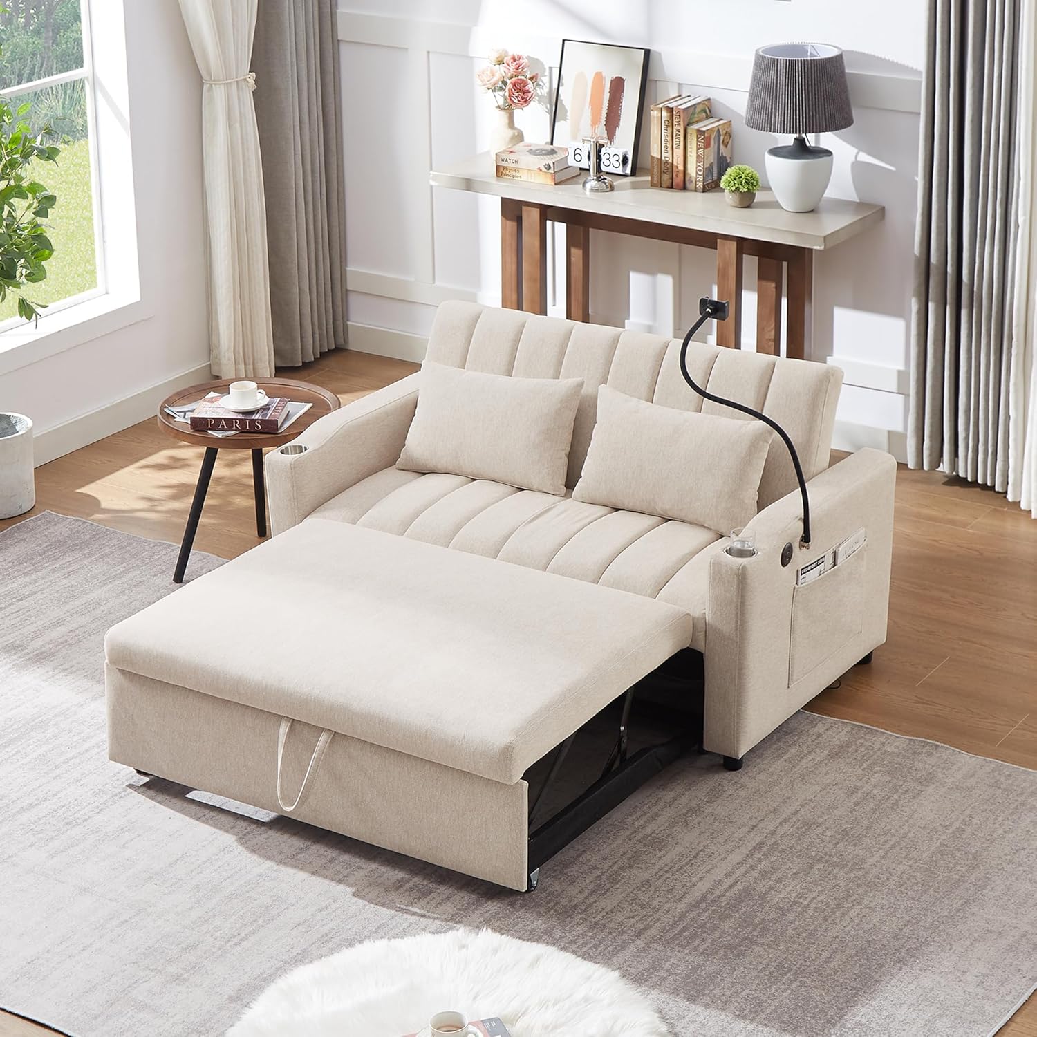 LUMISOL 3-in-1 Convertible Sleeper Sofa Bed, 55.9' Loveseat Pull Out Bed with USB Ports, Cup Holders, Swivel Stand & Storage Pockets, Modern Tufted Sofa Bed with Pillows, Beige