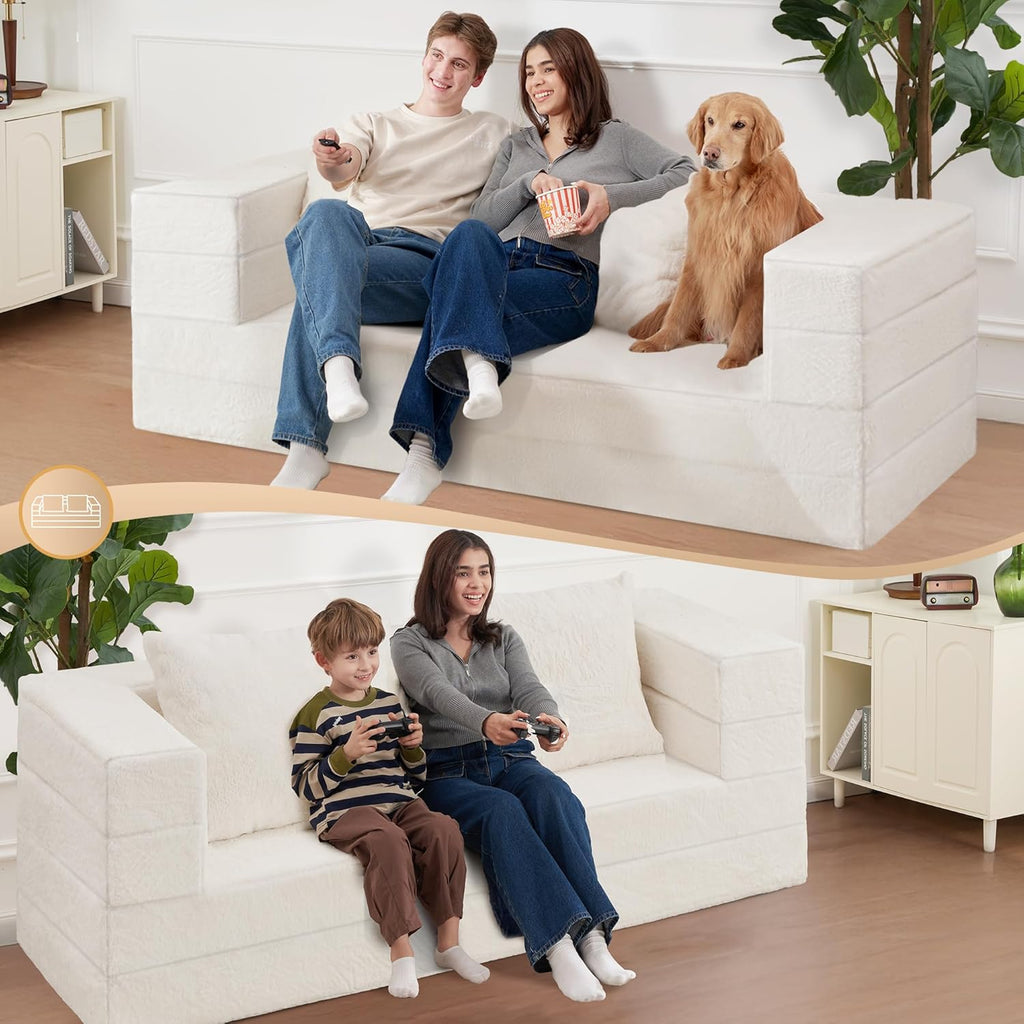 Futon Sofa Bed with Pillow, 3-in-1 Sleeper Sofa Bed with Removable Cover, Convertible Floor Sofa Bed, No Assembly Boneless Couch for Living Room, Bedroom