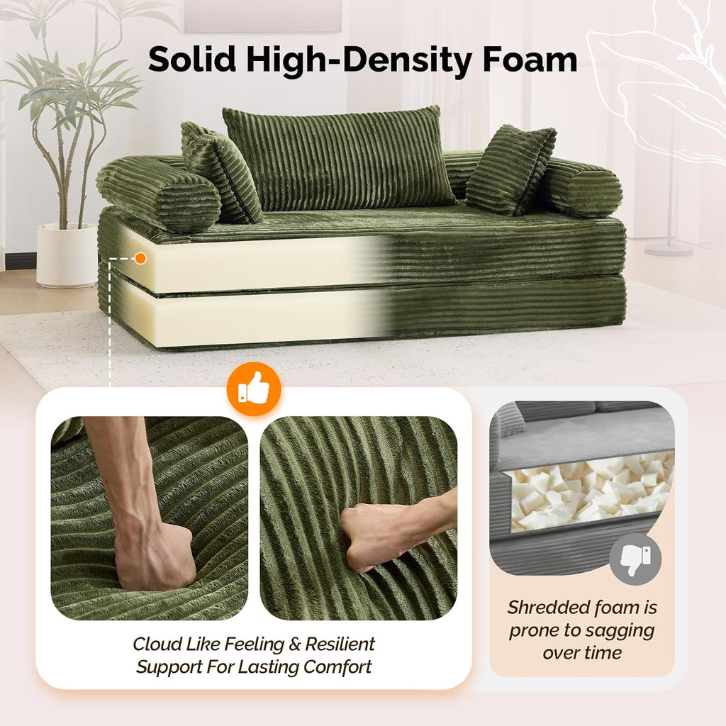 VINGLI Convertible Futon Sofa Bed, Upholstered Corduroy Boneless Couch King Size Floor Loveseat Sleeper Sofa with 2-in-1 Throw Pillow & Blanket Couches for Living Room, Bedroom, Lounge, Green