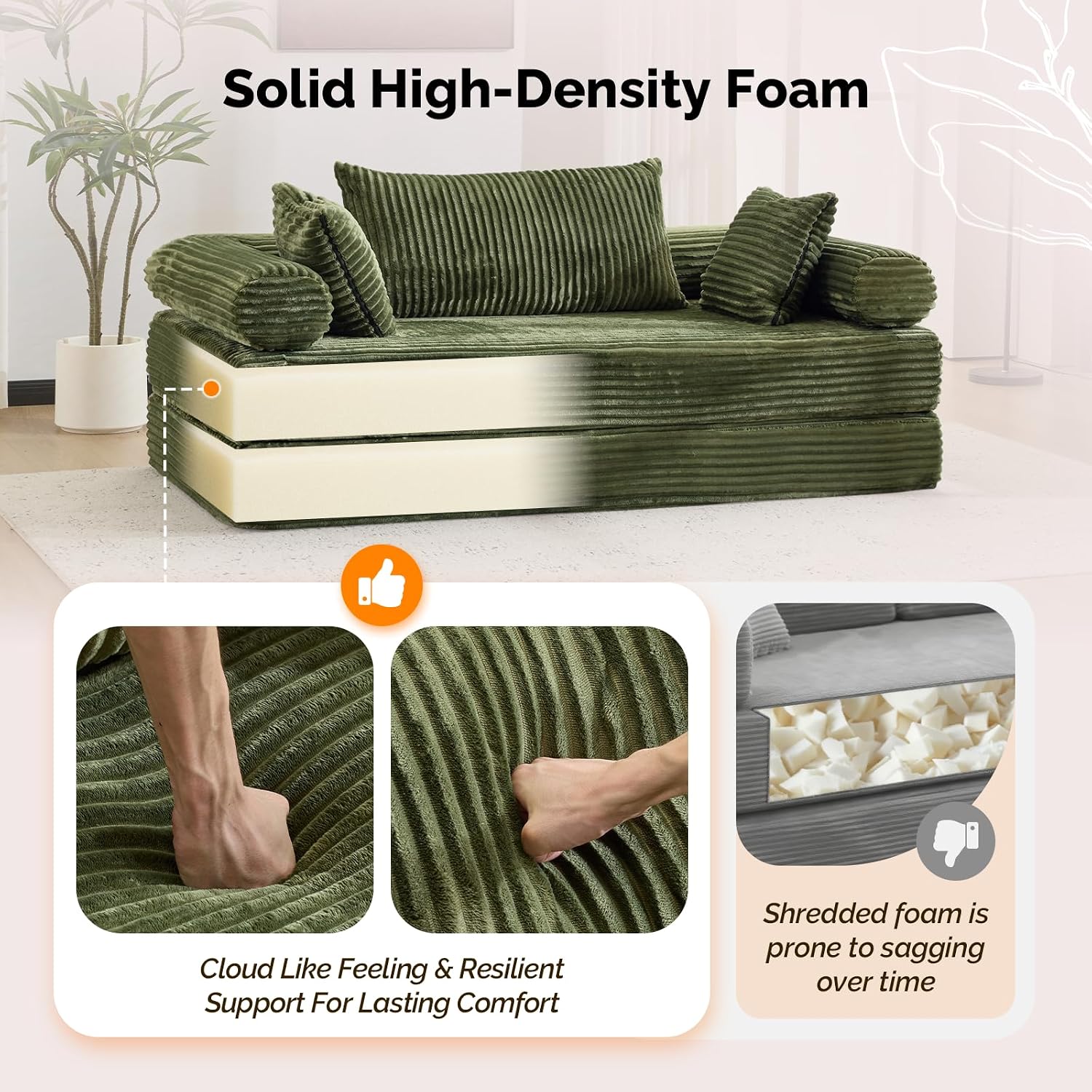 VINGLI Convertible Futon Sofa Bed, Upholstered Corduroy Boneless Couch King Size Floor Loveseat Sleeper Sofa with 2-in-1 Throw Pillow & Blanket Couches for Living Room, Bedroom, Lounge, Green