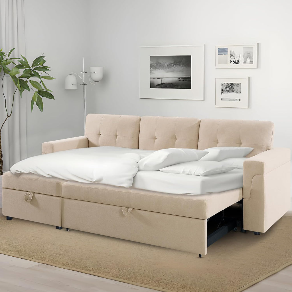 Naomi Home L Shaped Sectional Couch with Storage & Pull Out Bed – 3-in-1 Convertible Sleeper Sofa Bed, Small L Shape Sofa for Living Room, Sofa Bed with Storage Chaise in Beige, Velvet