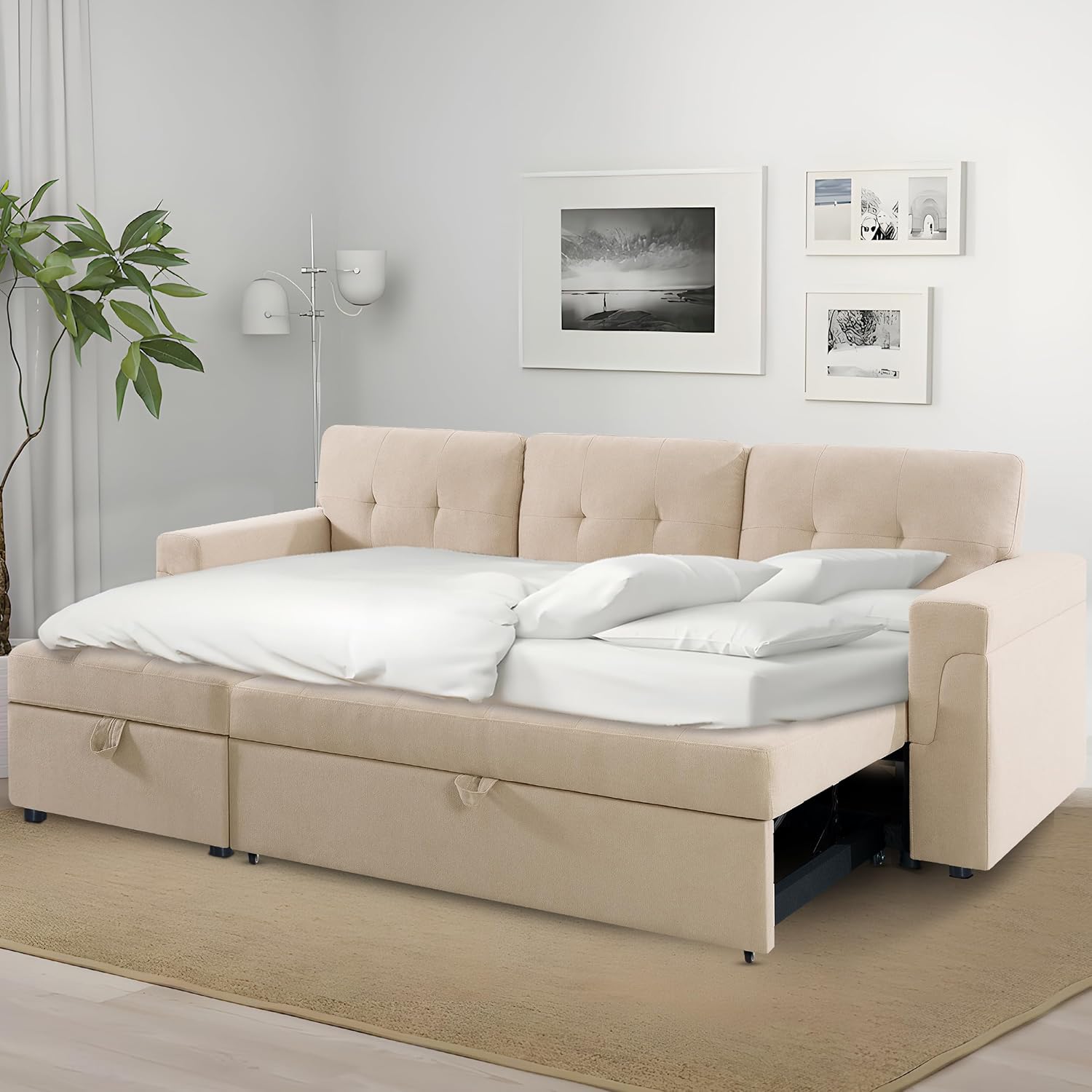 Naomi Home L Shaped Sectional Couch with Storage & Pull Out Bed – 3-in-1 Convertible Sleeper Sofa Bed, Small L Shape Sofa for Living Room, Sofa Bed with Storage Chaise in Beige, Velvet