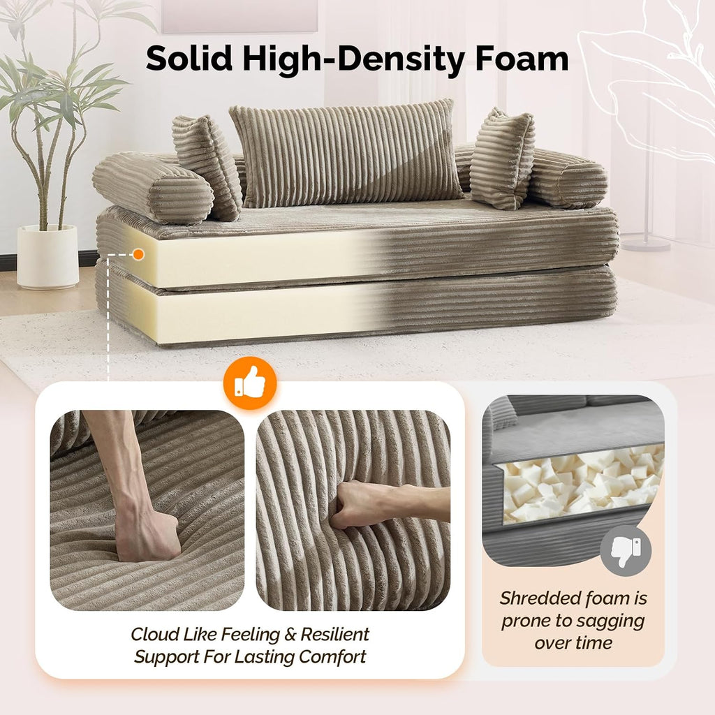 VINGLI Convertible Futon Sofa Bed, Upholstered Corduroy Boneless Couch King Size Floor Loveseat Sleeper Sofa with 2-in-1 Throw Pillow & Blanket Couches for Living Room, Bedroom, Lounge, Gray