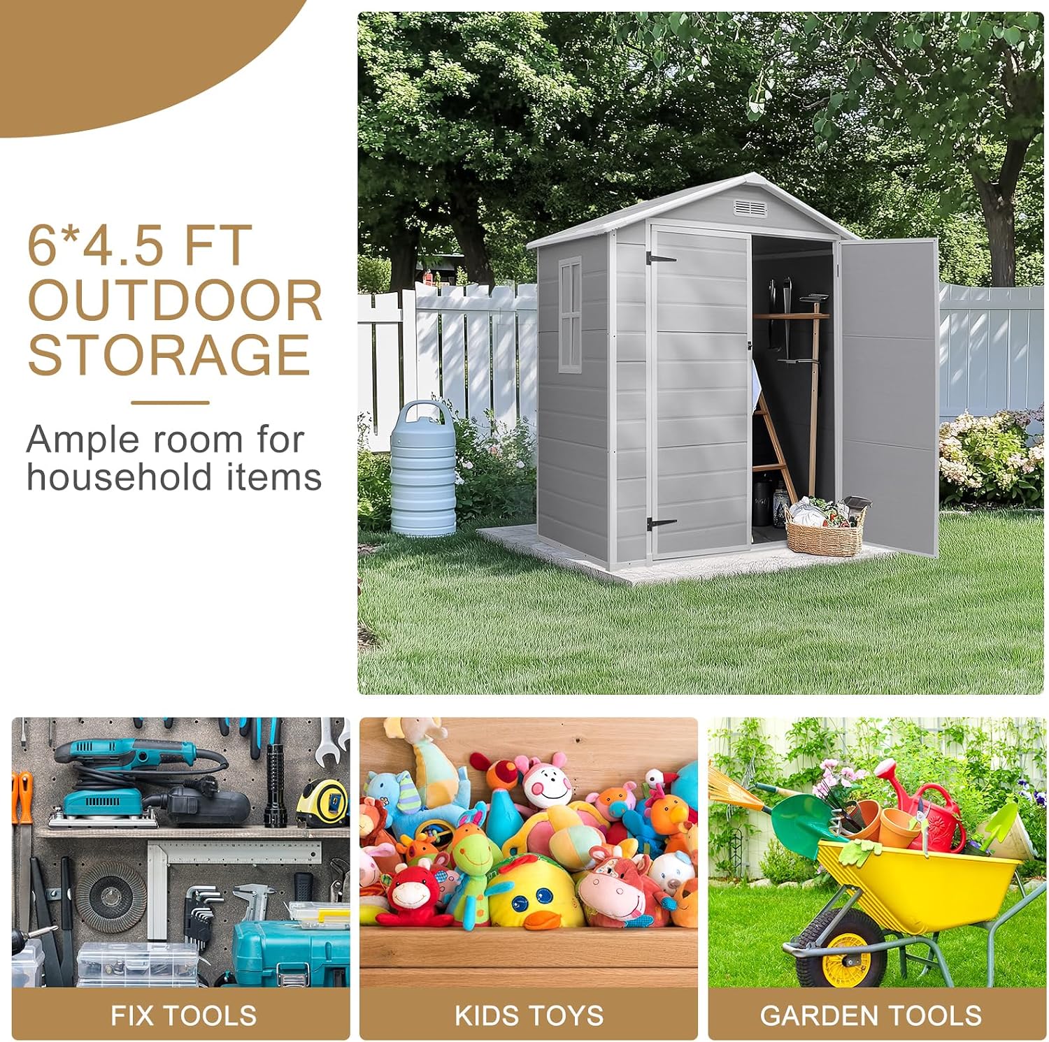 VINGLI 6x4.5 FT Outdoor Plastic Storage Shed, Patio Storage Bins with Weatherproof, Lockable Design with Large Capacity for Garden Tools, Light Grey