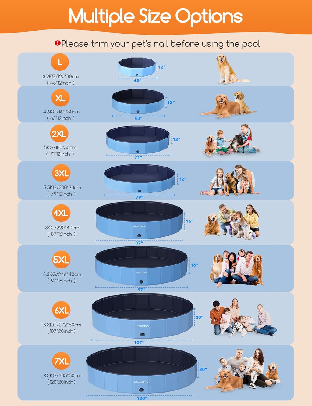 Meowant Extra Large Foldable 107'' Hard Plastic Swimming Pool, Collapsible Dog Bath Pool, Portable Deep Dog Pools for Large Dogs (6XL-107'' 20'')