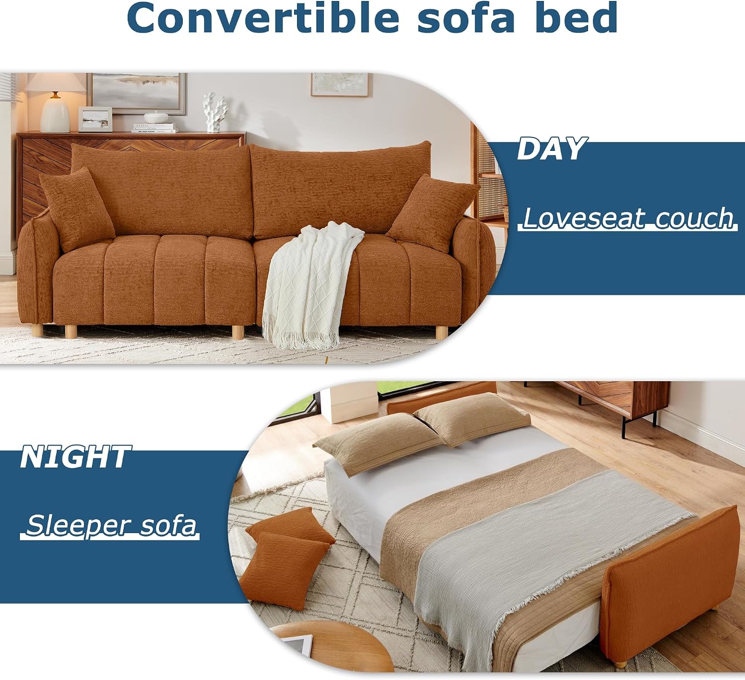 Mofolit Sleeper Sofa Bed Convertible Couch with Storage in Chenille Fabric Loveseat for Living Room Apartment and Small Spaces (Orange)