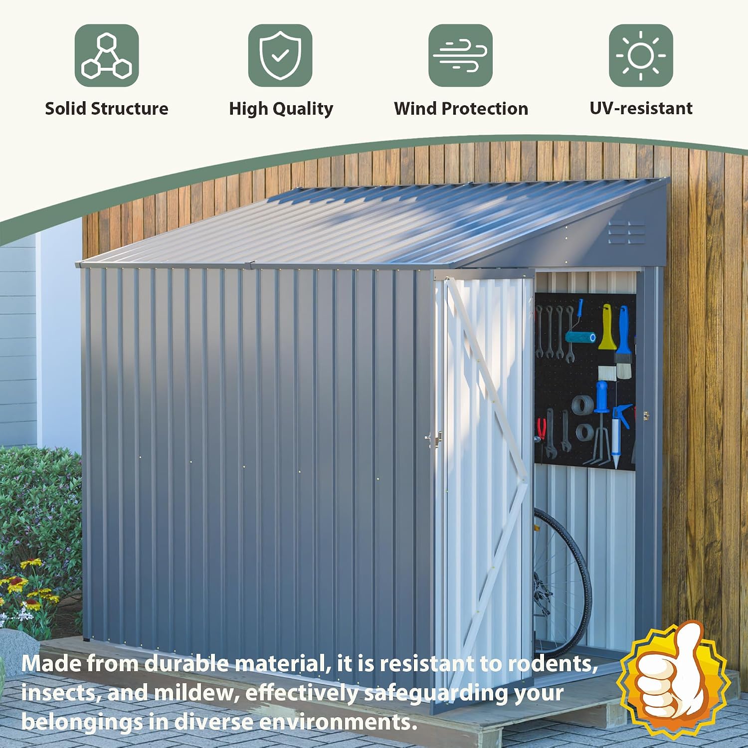 4x7 FT Lean-to Metal Storage Shed with Single Lockable Side Door, Sloping Roof Galvanized Steel Outdoor Tool Shed for Garden, Patio & Backyard Storage
