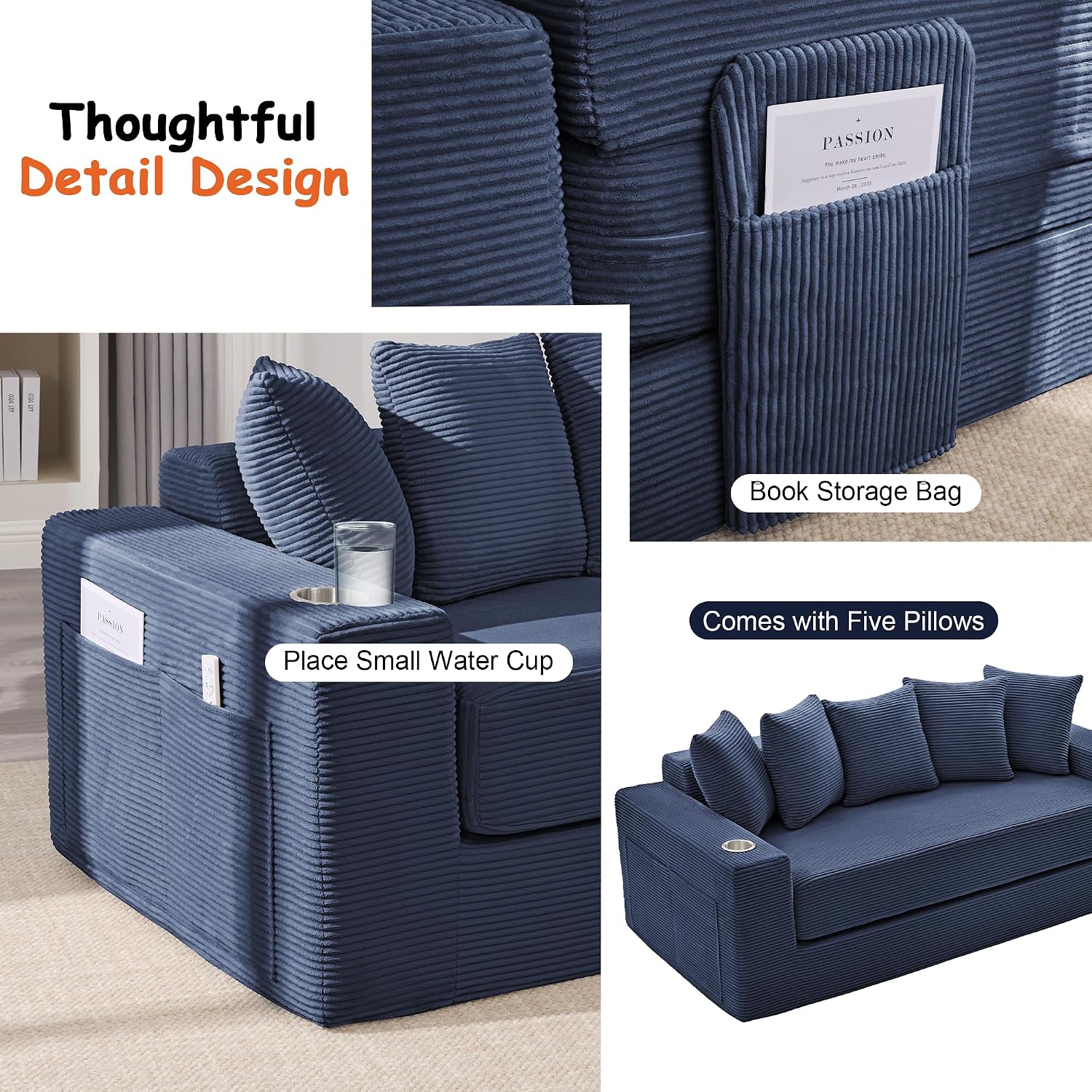 76' Convertible Sofa Bed, 2-in-1 Boneless Sleeper Sofa with Cup Holder & Pocket, Corduroy Pull Out Couch with 5 Pillows, Couch Bed for Living Room, Small Spaces, Bedroom, No Assembly