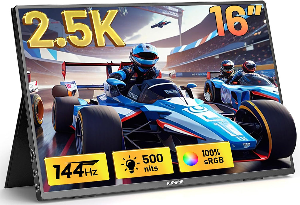 2.5K 144Hz Portable Gaming Monitor 16', 2560x1600, Plug & Play, 100% sRGB, 500nits, 16:10, Eye Care Second Computer Display with Speakers for Laptop, PC, Mac, P-S4/5, Sw-tch, X-BO, USB-C/HDMI, (K16G)