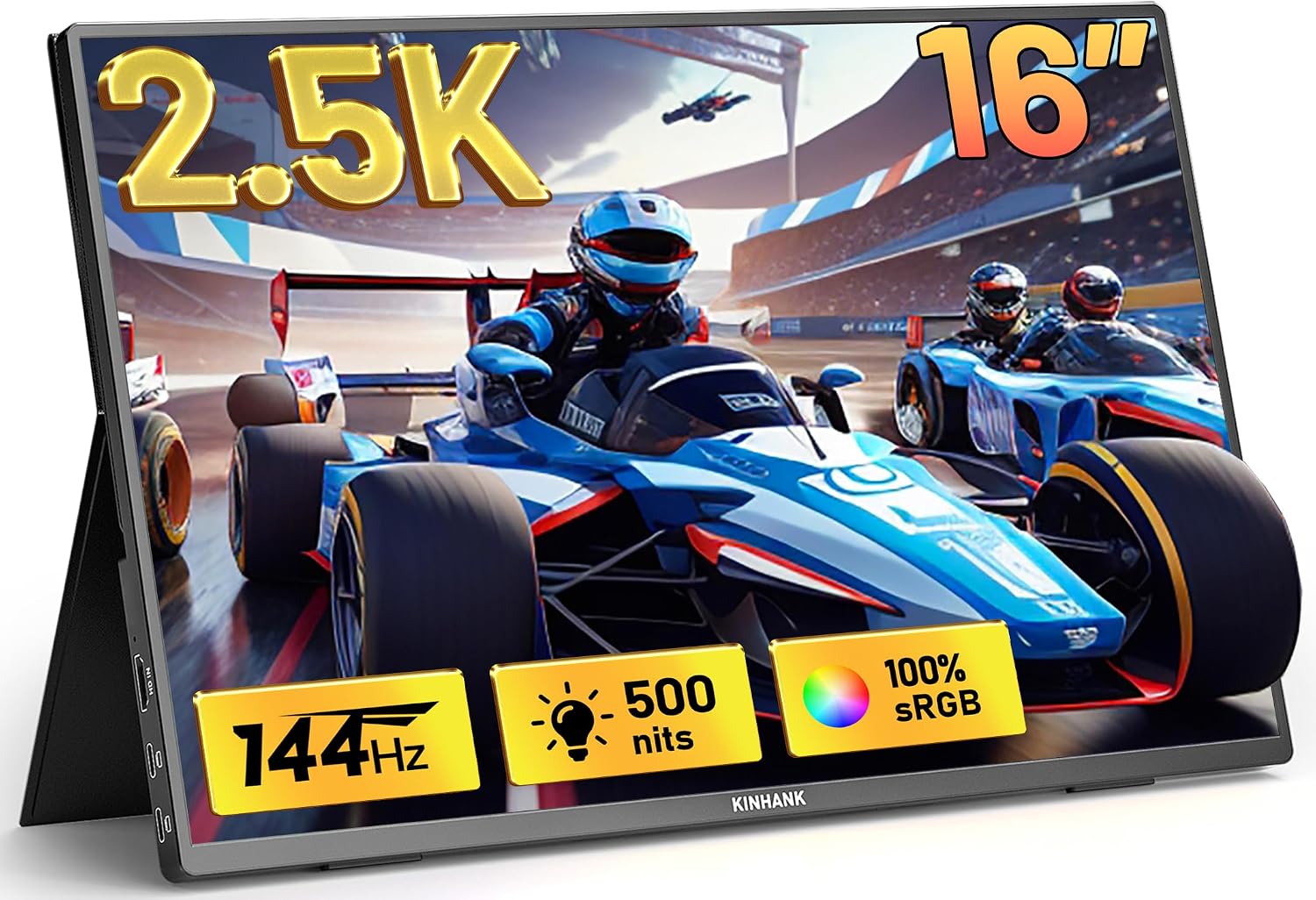 2.5K 144Hz Portable Gaming Monitor 16', 2560x1600, Plug & Play, 100% sRGB, 500nits, 16:10, Eye Care Second Computer Display with Speakers for Laptop, PC, Mac, P-S4/5, Sw-tch, X-BO, USB-C/HDMI, (K16G)