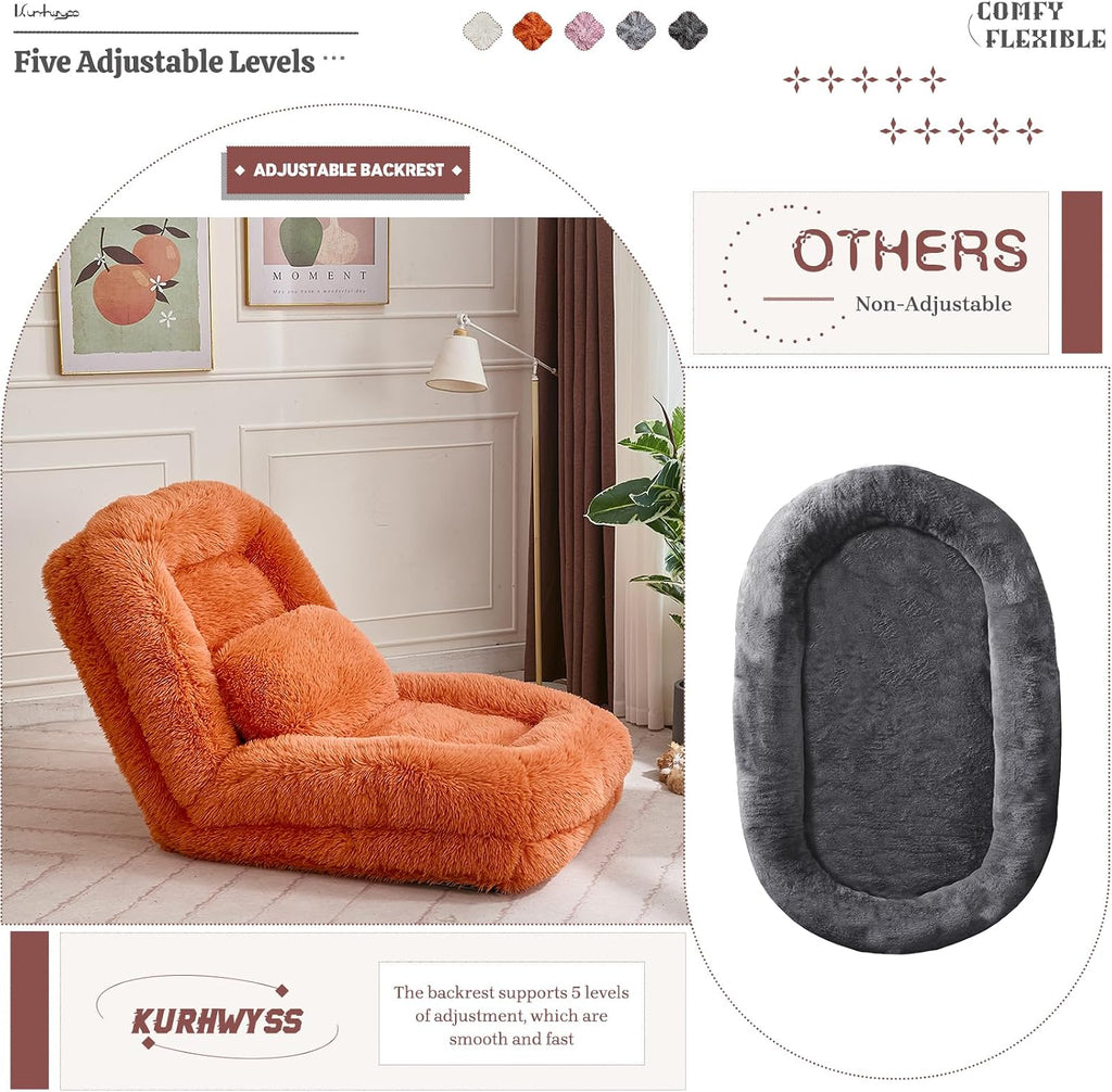 Upholstered Human Dog Bed for Adult & Pets, Convertible Lazy Sofa Bed with 5 Adjustable Position, Comfy Tatami Bean Bag Lounge Chair with a Soft Pillow for Bedroom Living Room (Orange Fluffy)
