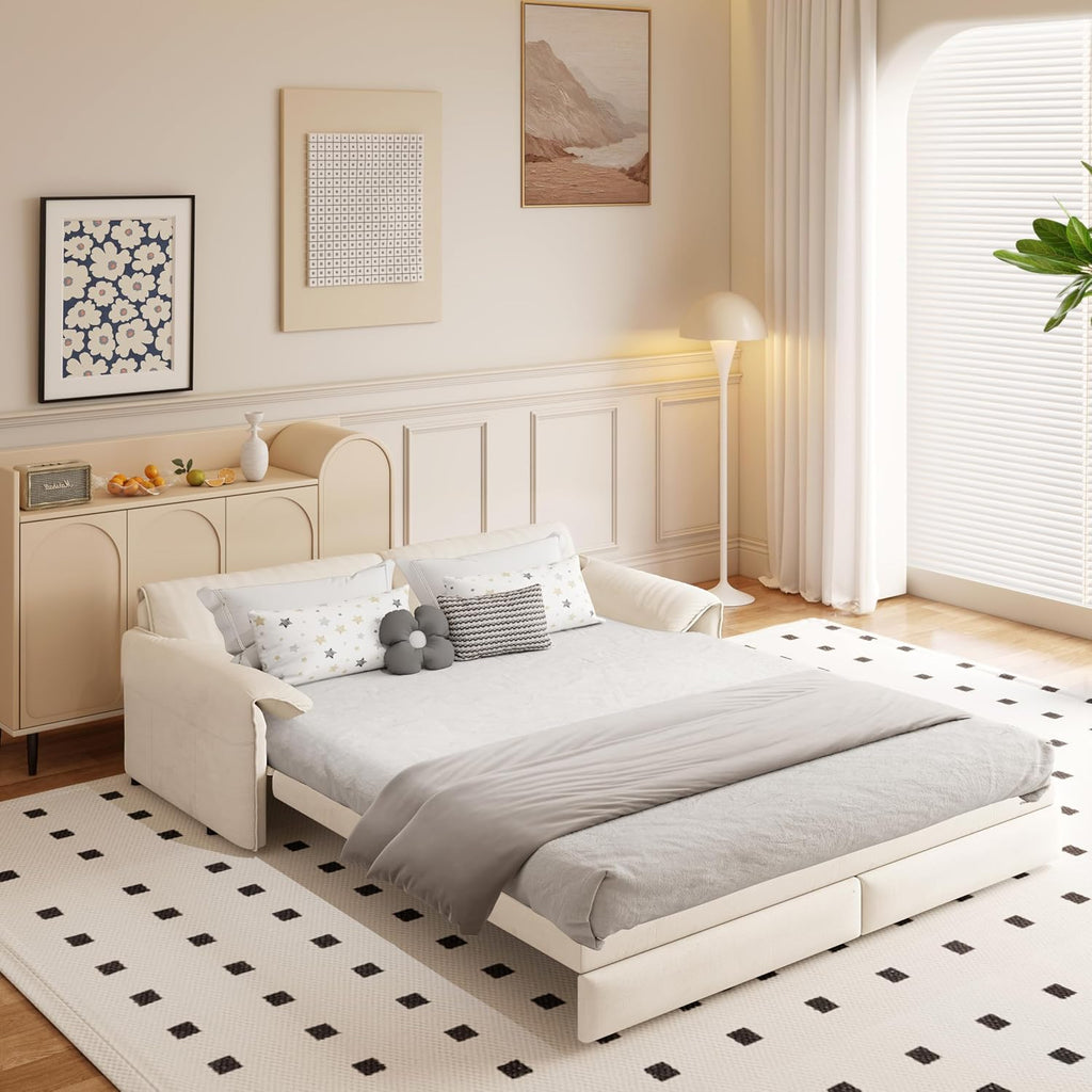 66' Sofa Bed Queen Size, Pull Out Couch Bed, 3-in-1 Convertible Sleeper Sofa with Side Pocket, Modern Velvet Futon Couch for Living Room, Small Space, Apartment, Bedroom, Beige