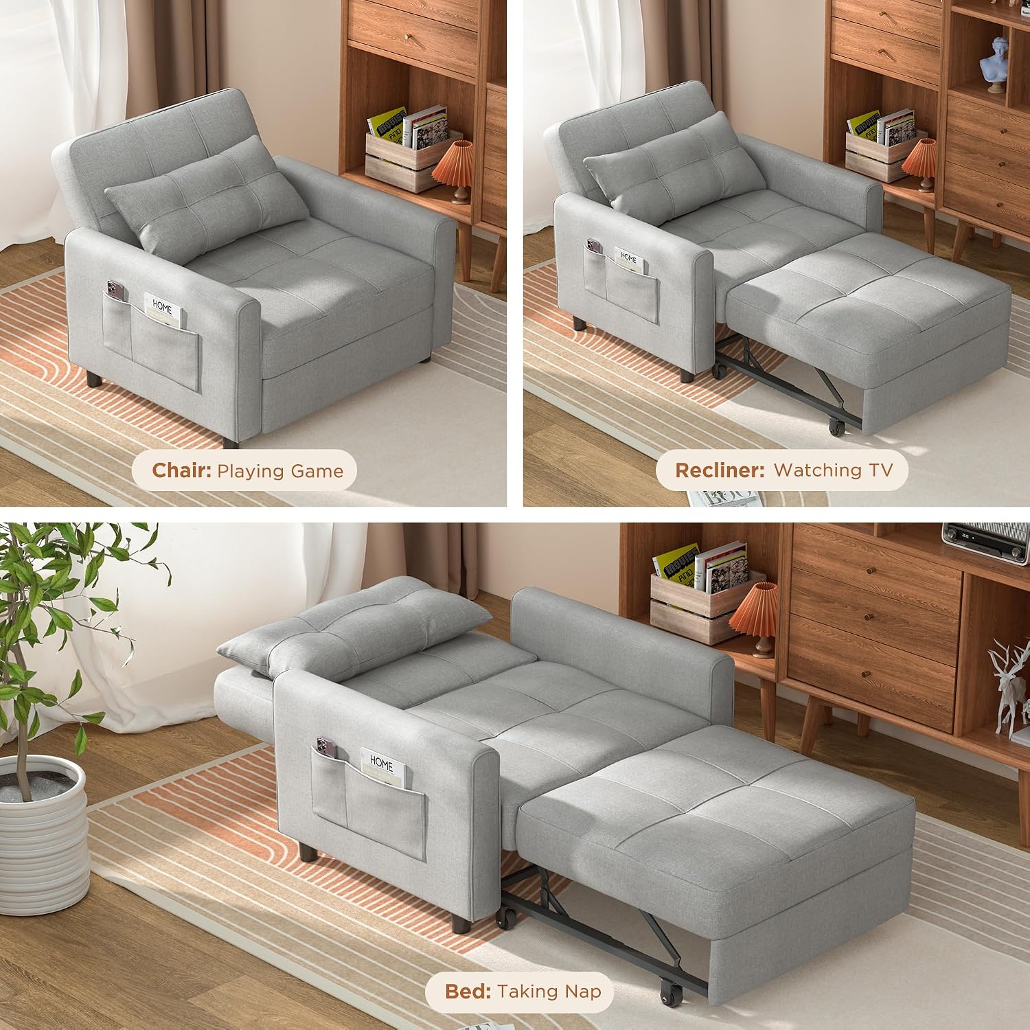Aiho 34-Inch Sleeper Chair Bed, 3-in-1 Convertible Pull-Out Sofa Bed with Modern Linen Fabric for Living Room or Apartment (Light Gray)