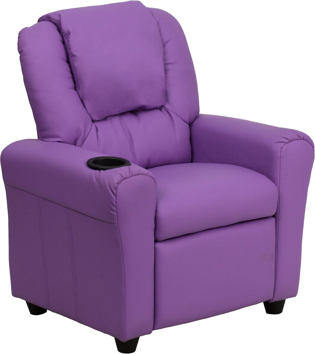 EMMA + OLIVER Lavender Vinyl Kids Recliner with Cup Holder and Headrest