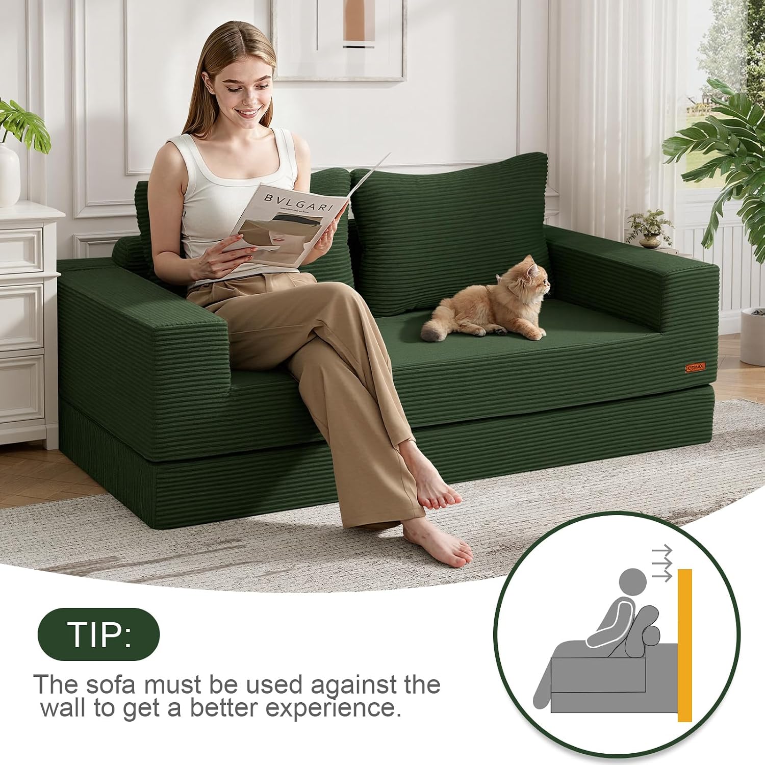 COMAX Convertible Sofa Bed Queen, Corduroy Folding Floor Couch Pull Out Couch Bed Futon Sleeper with Pillows, Fold Out Boneless Sofa Comfy Lounge Mattress Loveseat for Living Room Bedroom, Green