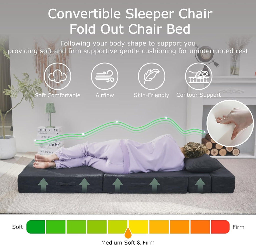 Folding Sofa Bed, 4 in 1 Convertible Sleeper Chair with Pillow, Twin Memory Foam Fold Out Chair Bed, Modern Floor Futon Sofa Couch Mattress for Living Room/Guest/Apartment, Dark Grey
