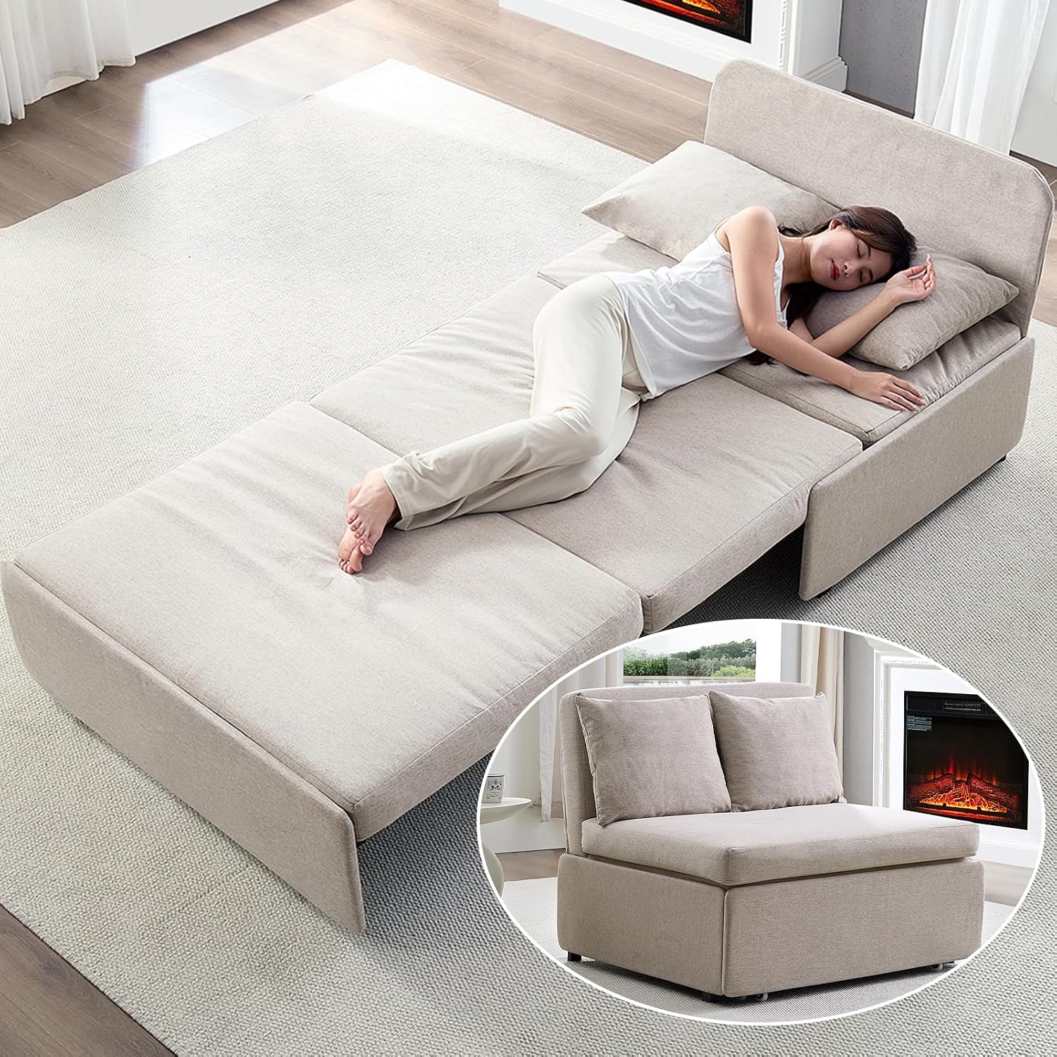 BALUS 43' W Twin Size Pull Out Sleeper Sofa Bed Couch with Pullout Beds, 2 in 1 Convertible Linen Sleepers Single Sofas Chair with Pillows and Foldable Mattress for Small Space Apartment Loft, Beige