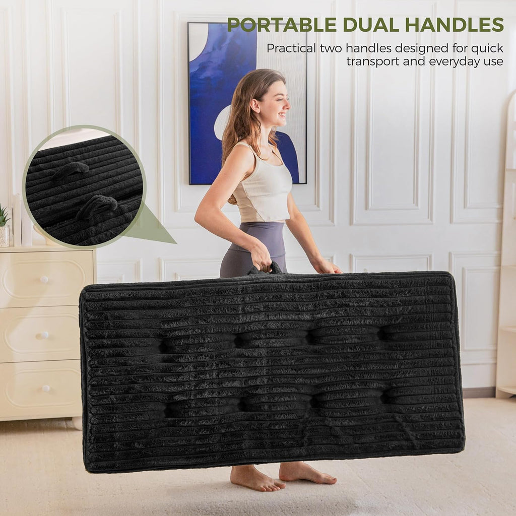 MAXYOYO Folding Sofa Couch Bed, 6 Inch Tri-Fold Floor Sofa Bed, Folding Mattress with Handles, Soft Faux Fur Folding Bed with Supportive Foam Filling, Portable Couch for Living Room, Full, Black