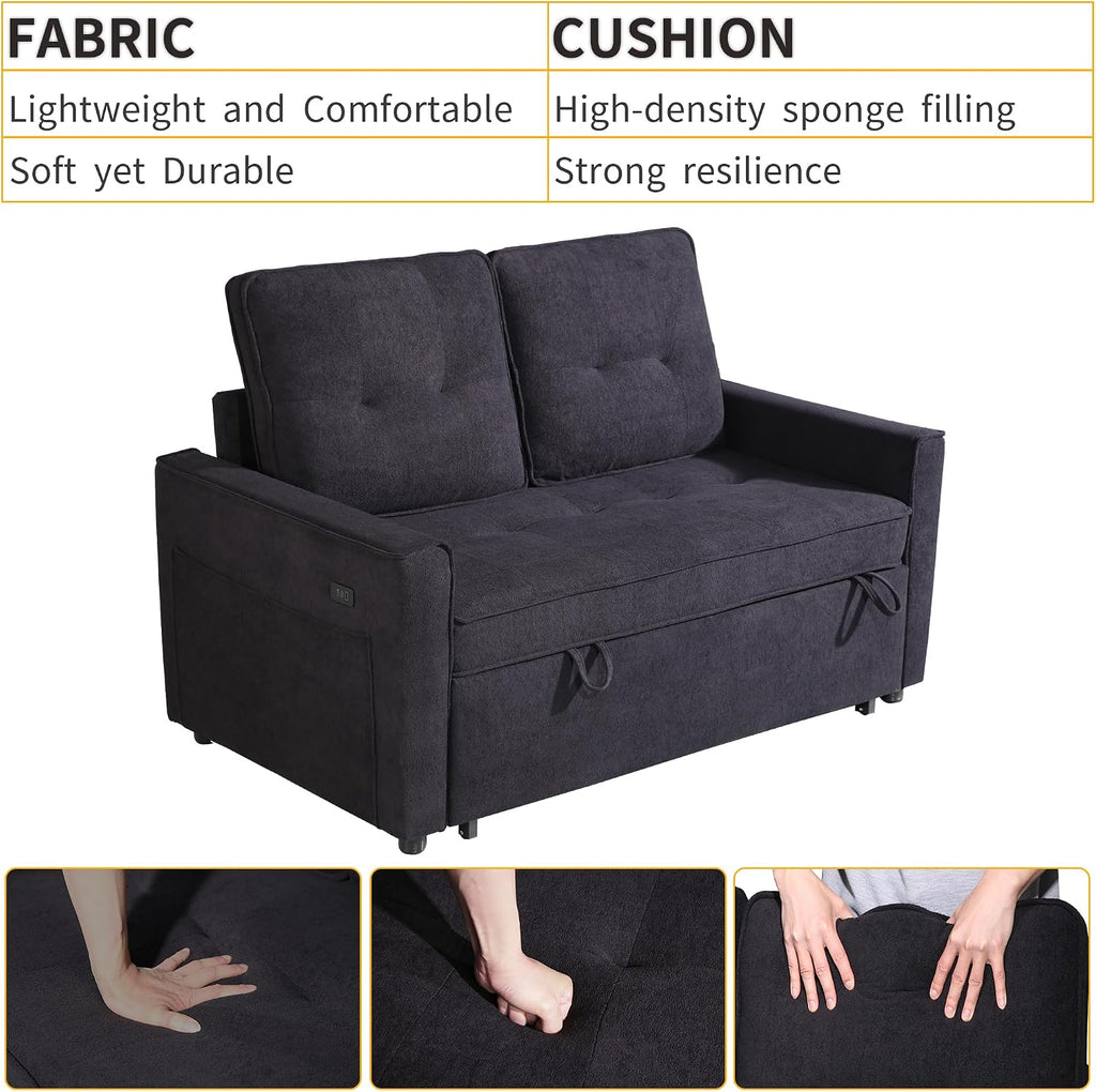 EJUNQ Pull Out Couch, Convertible Sofa Bed with USB and Reclining Backrest, Modern 3 in 1 Sleeper Sofa Couch Bed with Side Pockets, Comfortable Loveseat Sleeper for Small Spaces.(Black)