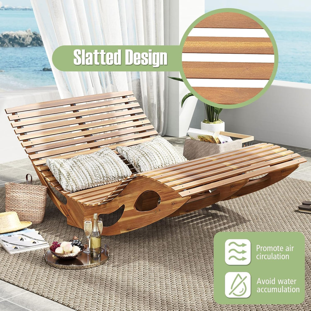 RELAX4LIFE Rocking Double Chaise Lounge, Acacia Wood Sun Bed Lounger w/Slatted Seat, Bottom Stopper, Indoor Outdoor Loveseat Rocker for Pool Patio, 440LBS Capacity, Wooden Rocking Lounge Chair (1)