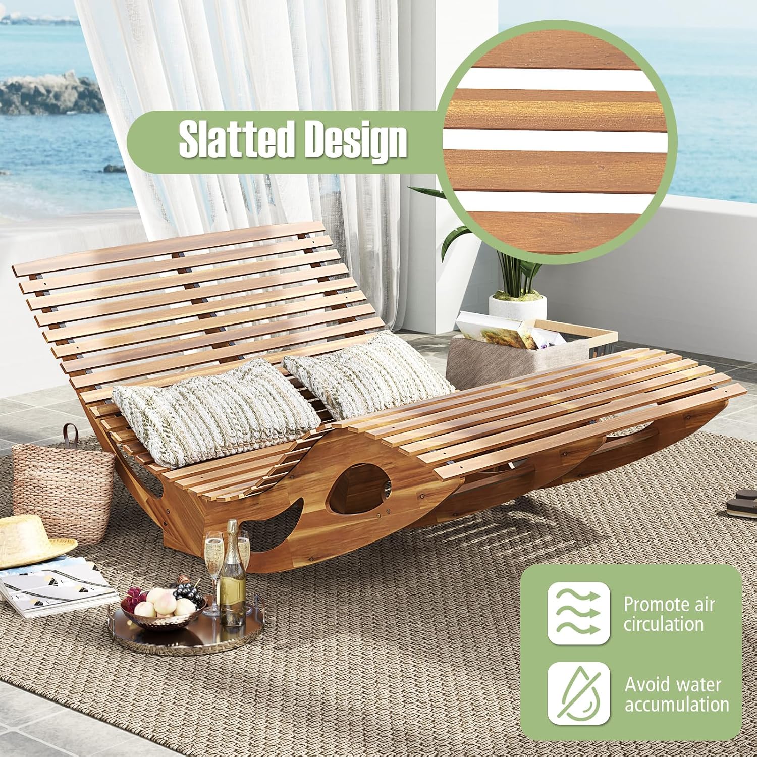 RELAX4LIFE Rocking Double Chaise Lounge, Acacia Wood Sun Bed Lounger w/Slatted Seat, Bottom Stopper, Indoor Outdoor Loveseat Rocker for Pool Patio, 440LBS Capacity, Wooden Rocking Lounge Chair (1)