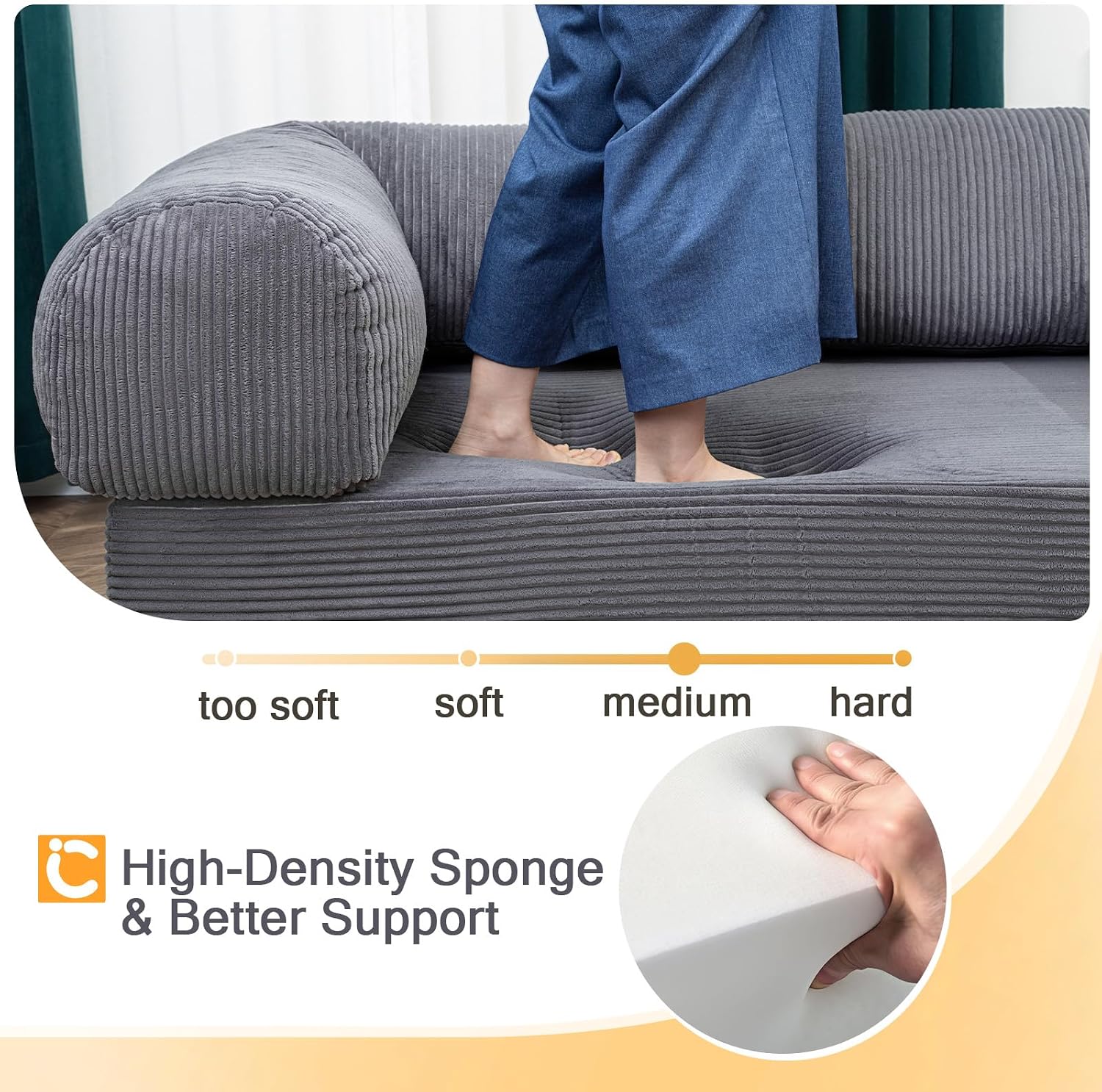 COMAX Futon Sofa Bed, 4-in-1 Floor Foldable Sofa Couch Bed Queen with L-Shaped Armrests, Convertible Folding Chair Bed Sleeper Mattress Fold Out Comfy Lounge for Living Room Bedroom, Grey