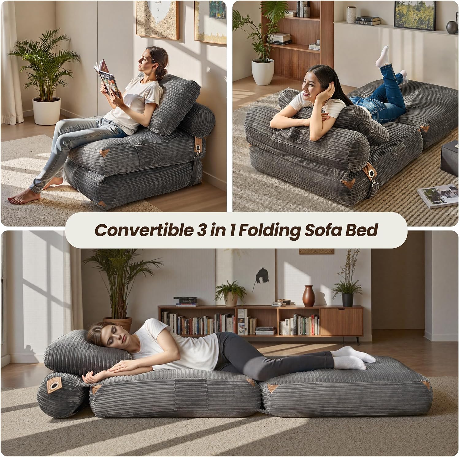 ovios Folding Sofa Bed, Foldable Sleeper Chair Floor Futon, Comfy Portable Convertible Fold Out Lounge Chairs for Living Room Bedroom, Grey
