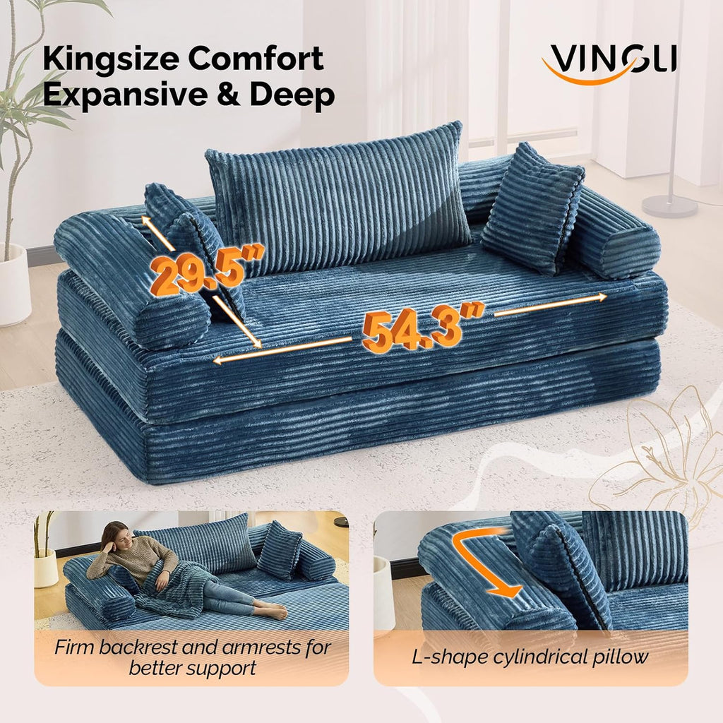 VINGLI Convertible Futon Sofa Bed, Upholstered Corduroy Boneless Couch King Size Floor Loveseat Sleeper Sofa with 2-in-1 Throw Pillow & Blanket Couches for Living Room, Bedroom, Lounge, Navy Blue
