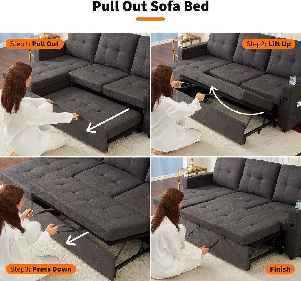 IDEALHOUSE Couches for Living Room, 84'' Sofa Bed，l-Shaped Sectional Sleeper Sofa with Pull Out Bed，Reversible Storage Chaises， Hidden Storage Armrests，Cup Holders & USB Charging Ports