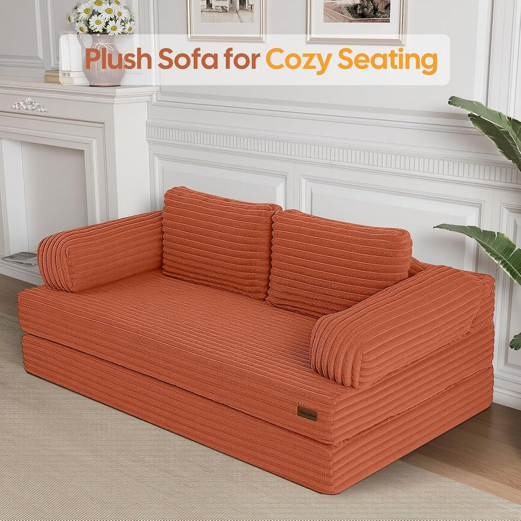 MeMoreCool Convertible Sofa Bed, Folding Floor Couch Bed Queen, Pull Out Sleeper Couch with Pillows, Fold Out Futon Sofa for Bedroom Living Room Small Space, Corduroy Orange