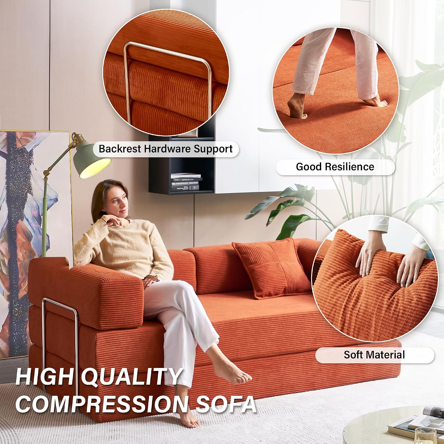 Compression Sofa - 78''Convertible Floor Sofa Bed - with Pillow Back Support Armrest - Comfy Foldable Sofa Bed Compressed Sofa in Box - Corduroy Fabric - for Living Room Bedroom(Orange)
