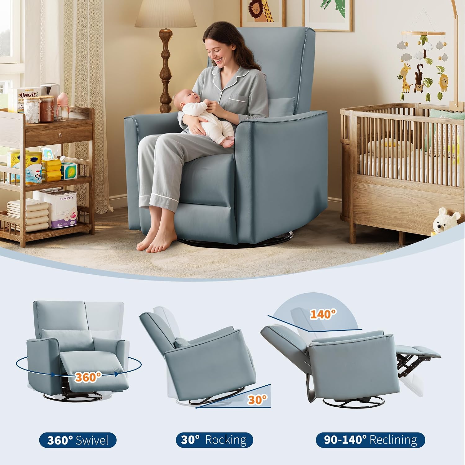 IDEALHOUSE Swivel Rocking Nursery Recliner Chair Rocker Recliner Glider Deep Seat PU Leather Sofa Chair with high Backrest for Nursery, Living Room, Bedroom & Home Movie Theater (Gray)
