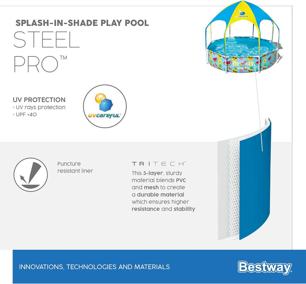 H2OGO! Kids Splash-in-Shade 8-Foot Round Steel Frame Above Ground Pool with Water Mister and Canopy Sunshade, Green Tropical Leaf Print