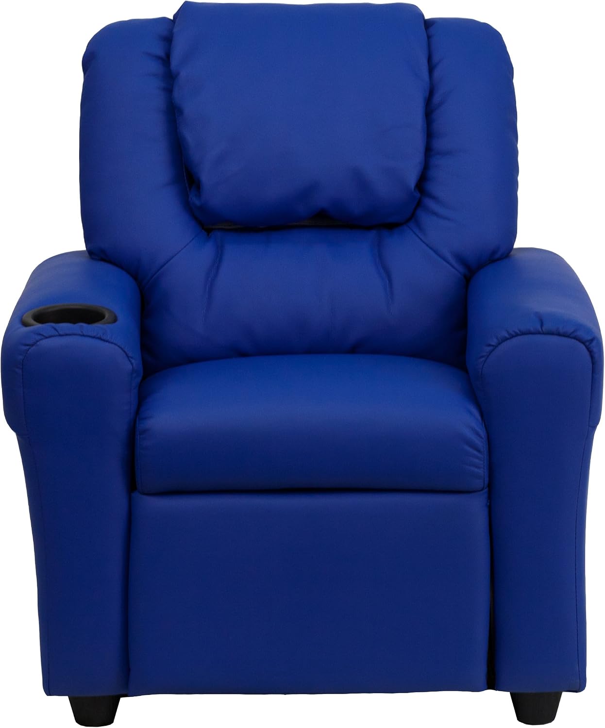 EMMA + OLIVER Blue Vinyl Kids Recliner with Cup Holder and Headrest