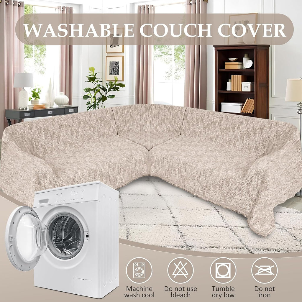 1OO% Waterproof Sectional Couch Covers for Dogs L Shaped Corner Sofa Cover Washable Chenille Sofa Slipcovers Blanket Modern Jacquard Pet Furniture Protector (91'x252', Light Khaki)