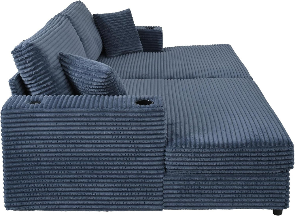 86.5' Oversized Double Chaise Lounge Indoor Corduroy Upholstered Sofa Bed , Deep Seat Lounger Loveseat Recliner Daybed with Dual USB Ports , Two Cup Holders and Throw Pillows for Living Room Bedroom