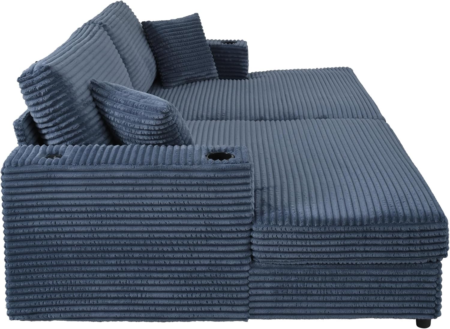 86.5' Oversized Double Chaise Lounge Indoor Corduroy Upholstered Sofa Bed , Deep Seat Lounger Loveseat Recliner Daybed with Dual USB Ports , Two Cup Holders and Throw Pillows for Living Room Bedroom