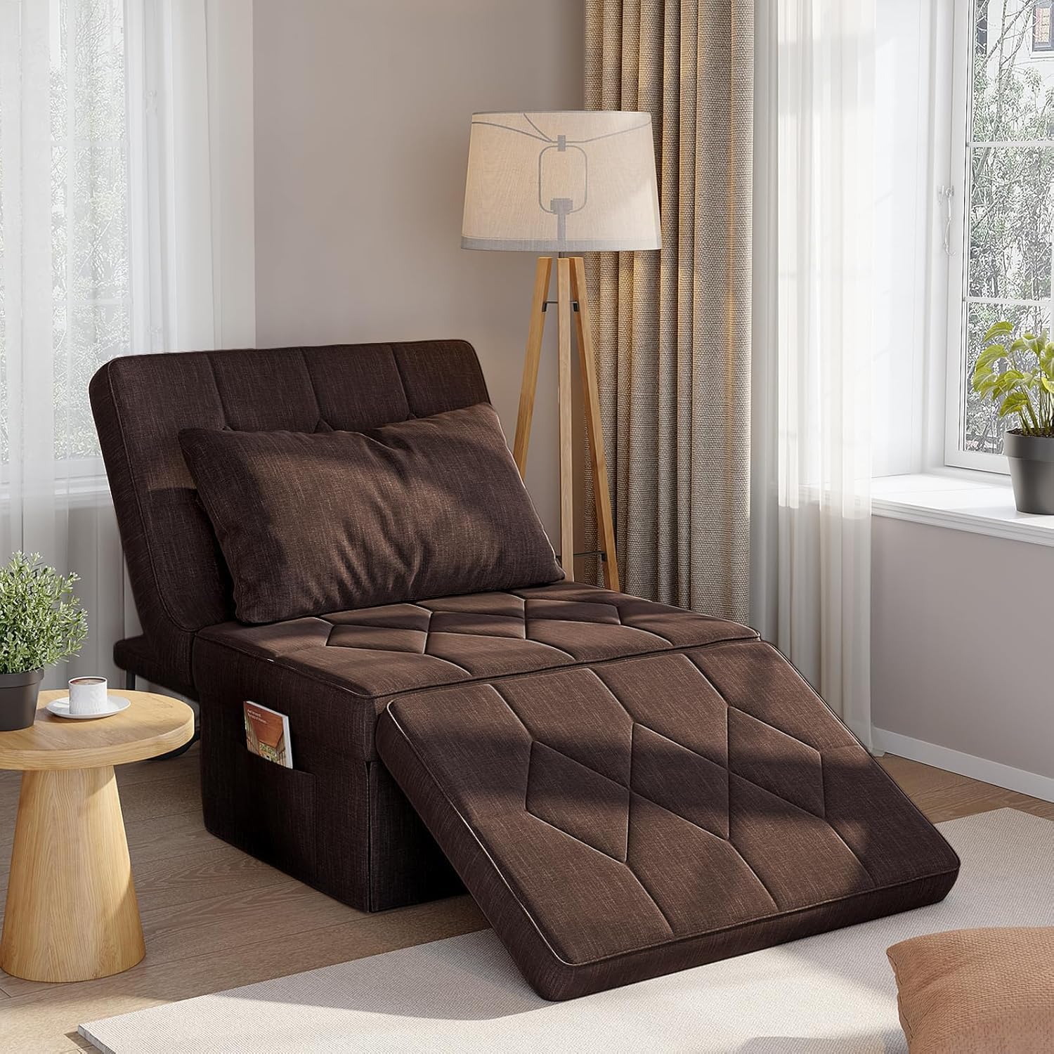 Ottoman Bed with 5-Level Adjustable Backrest, 74' D x 37' W 4-in-1 Convertible Sleeper Chair Bed, Folding Sofa Bed for Living Room, Apartment, Dorm & Small Space, Dark Brown