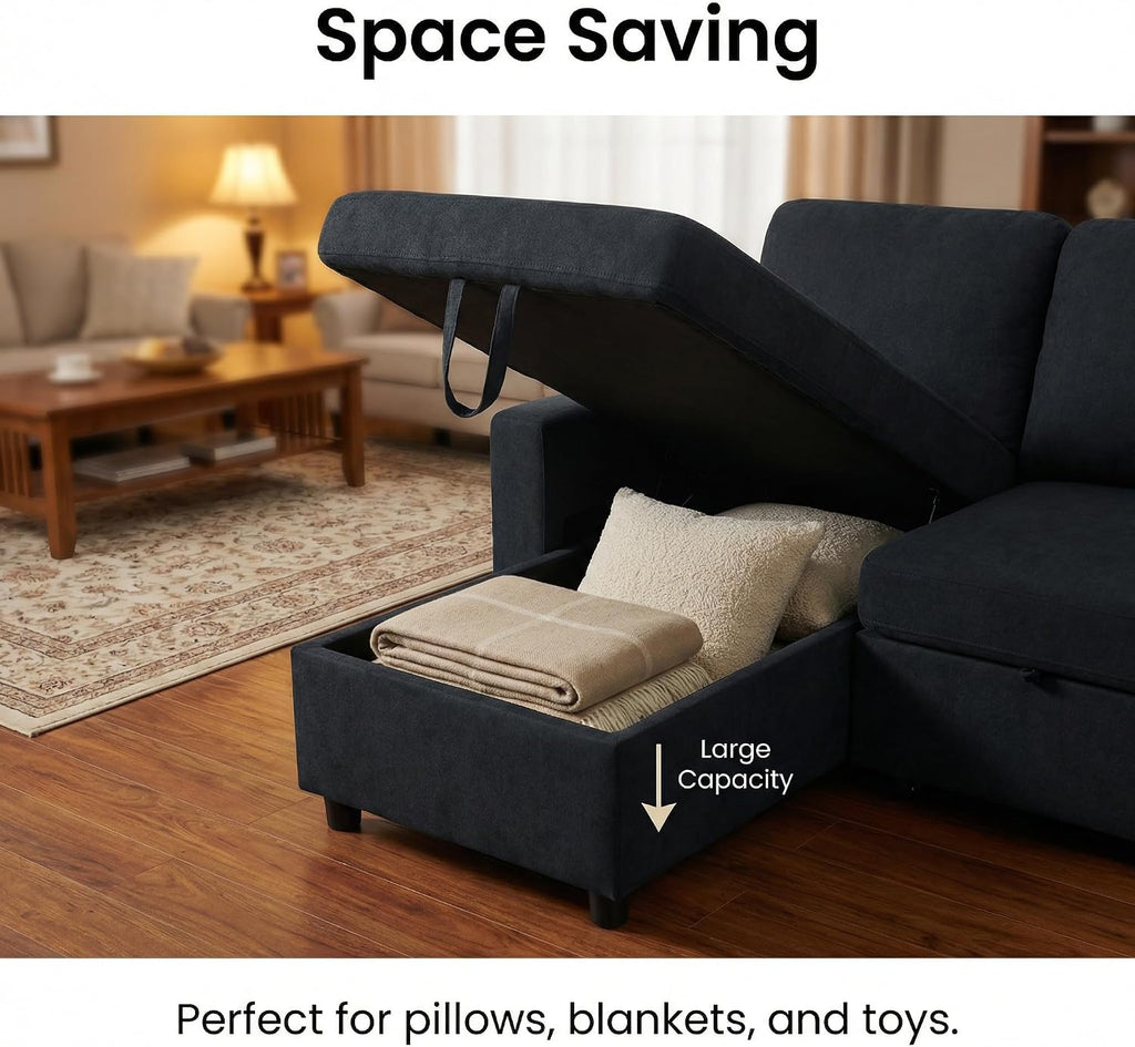 83 Inch L-Shape Sleeper Sofa with Pull Out Bed, 3-in-1 Pull-Out Couch with Storage Chaise, Sectional Convertible Couch for Living Room, Apartment, Black