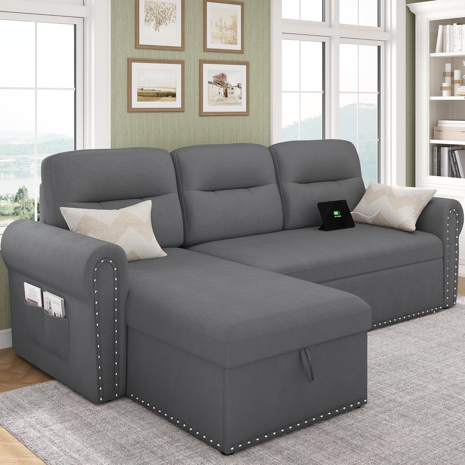 Sleeper Sofa Bed, 83'' Sectional Couch with Reversible Storage Chaise & Nailhead Armrest, Pull Out Couches for Living Room, Side Pocket & Charging Station, Removable Backrest, Velvet Fabric, Dark Grey