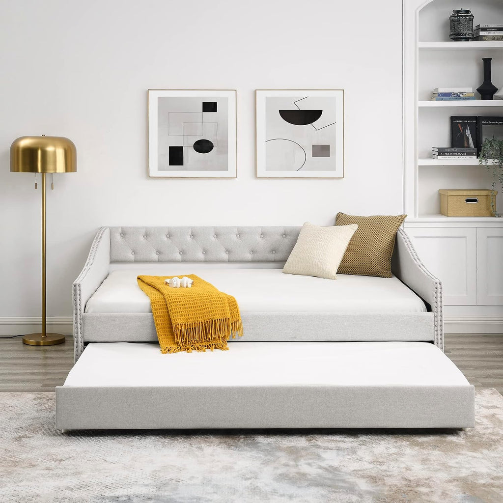KEIKI Full Size Upholstery Daybed with Trundle and Headboard, Mid-Century Style Tufted Sofa Bed with Button on Back, Easy Assembly, No Box Spring Required, for Living Room and Bedroom, Beige